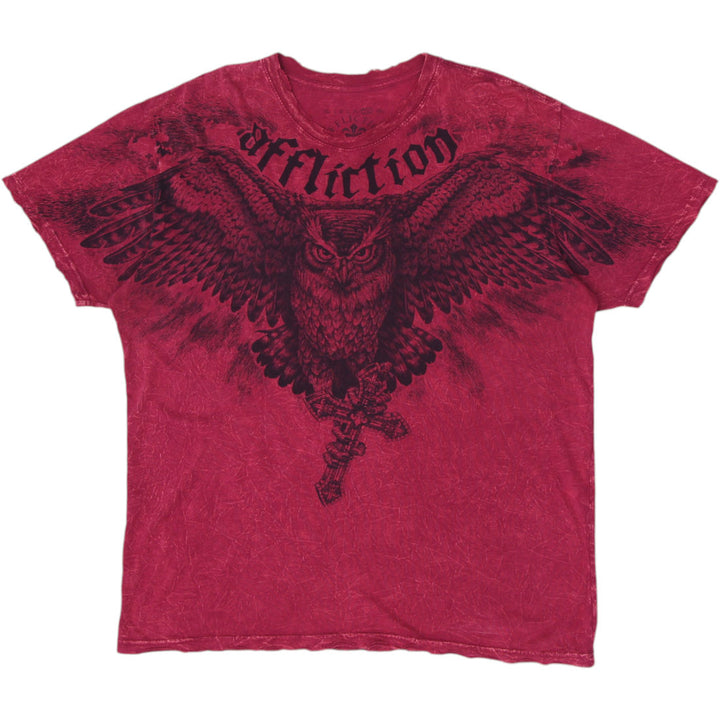 Y2K Mens Affliction T-Shirt Red Graphic Owl Print