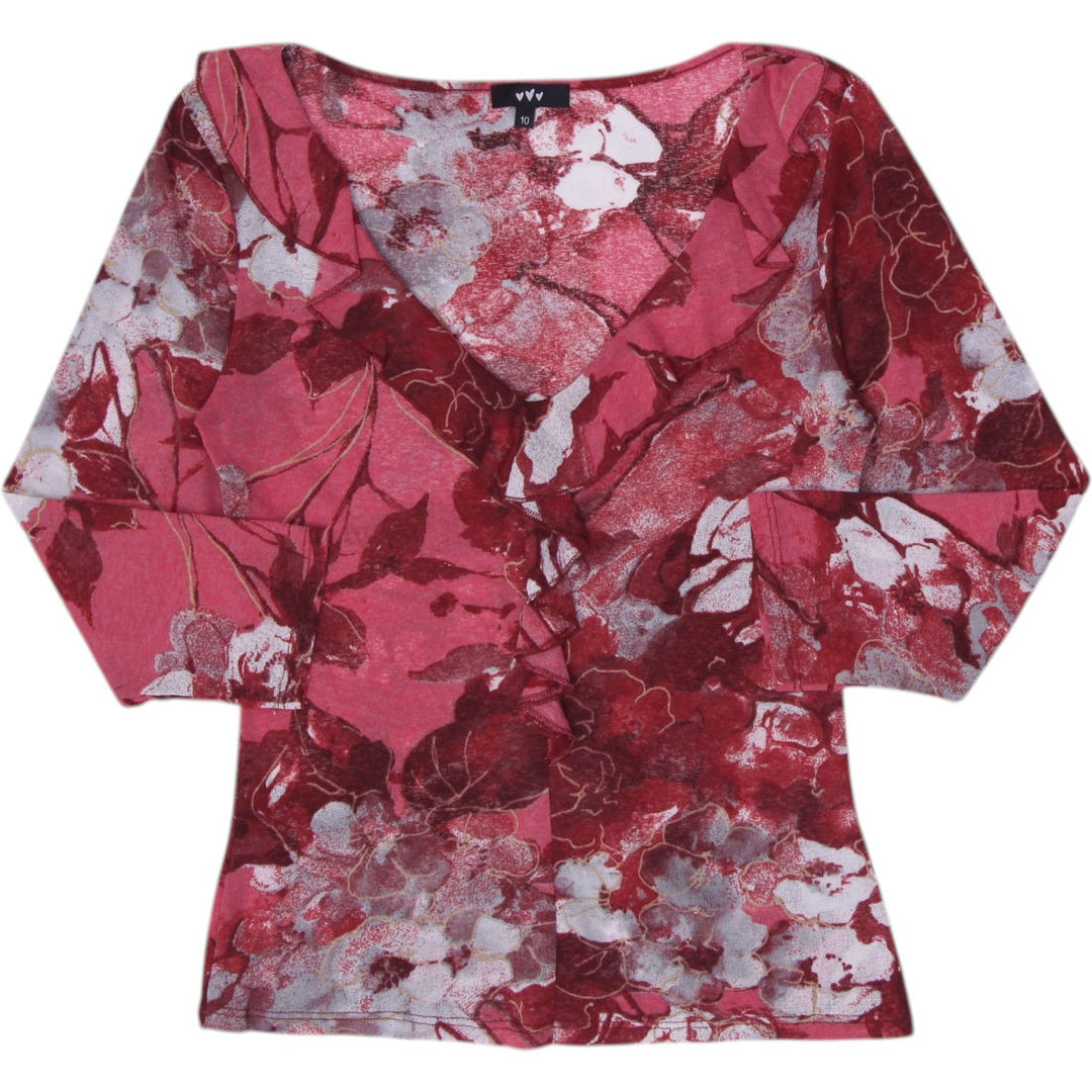 Y2K Ladies Per Una Floral V-Neck Top Size 10 Pink Red Metallic Mesh Blouse
