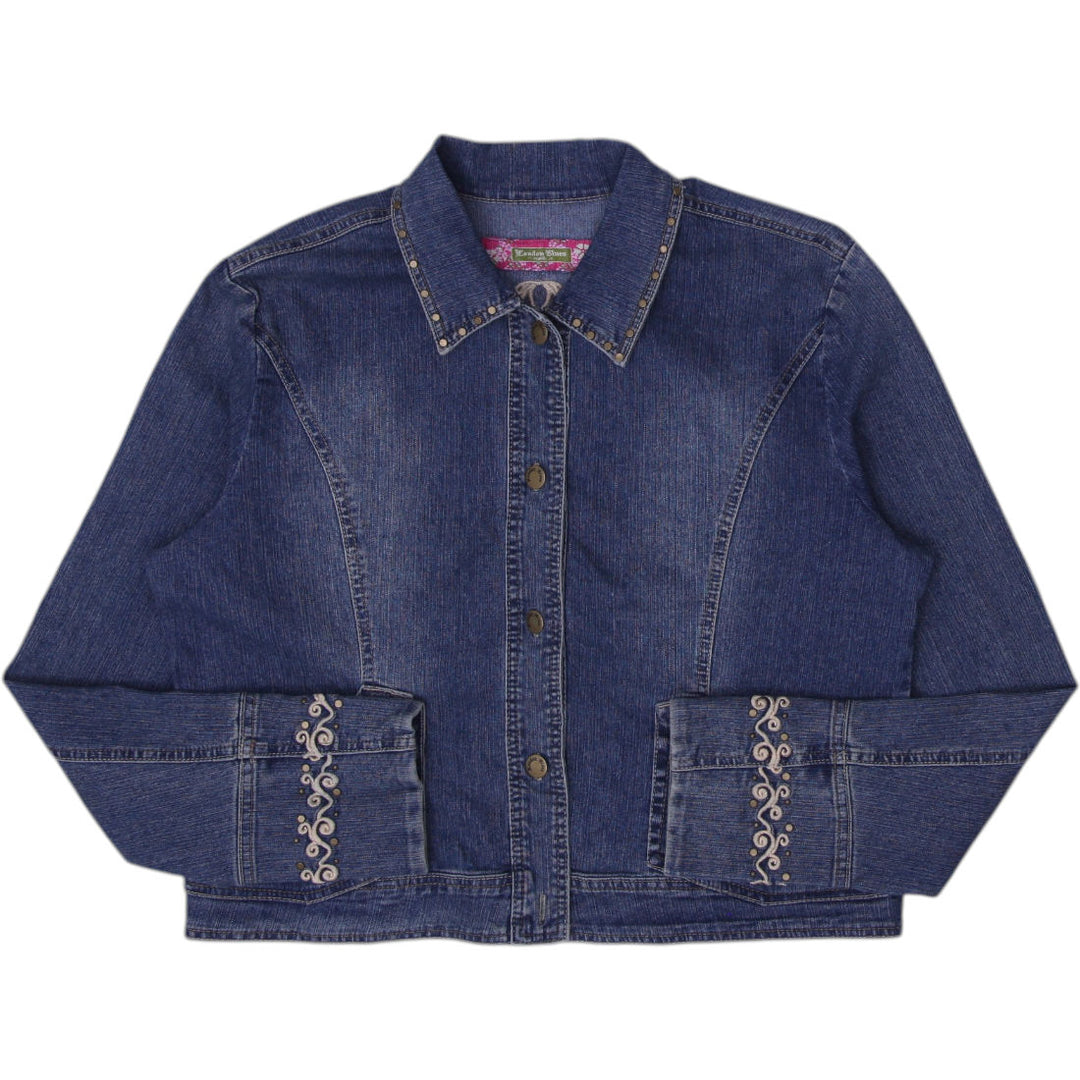 Y2K Ladies Blue Embroidered Casual Denim Jacket Size XL | Migration_Jackets | Fashion Rerun