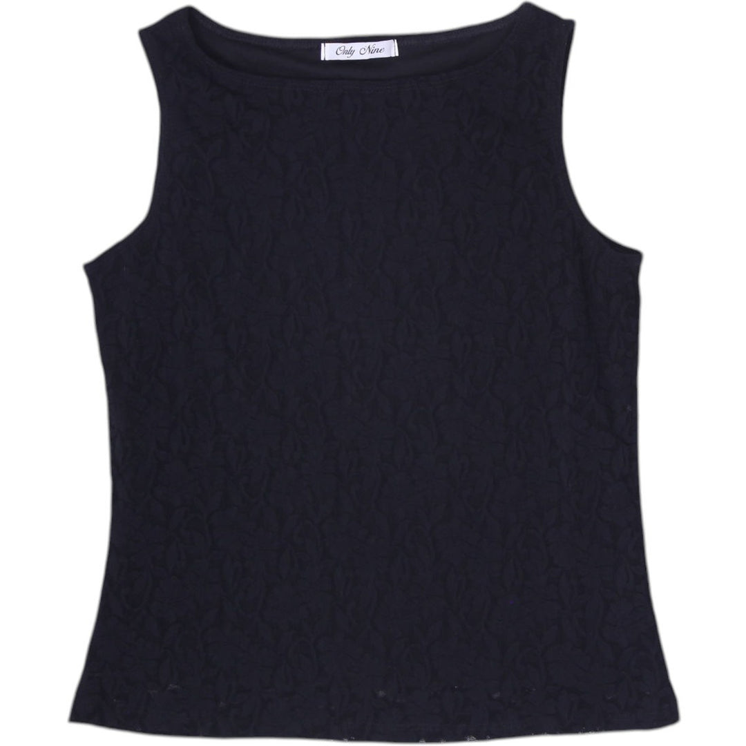 Y2K Ladies Only Nine Black Floral Lace Overlay Boatneck Tank Top Made in USA M
