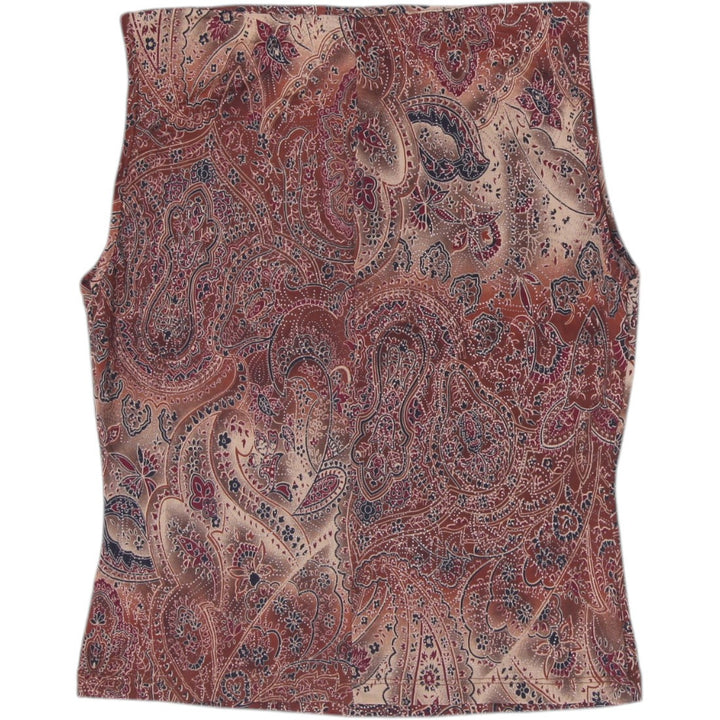 Y2K Ladies Niche USA Paisley Mesh Sleeveless Tank Top Brown Earth Tone Boatneck