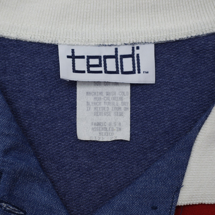 Vintage Mens Teddi Polo Blue Graphic Striped Quarter Sleeve Size 2X | Migration_T-Shirts - Back View | Fashion Rerun