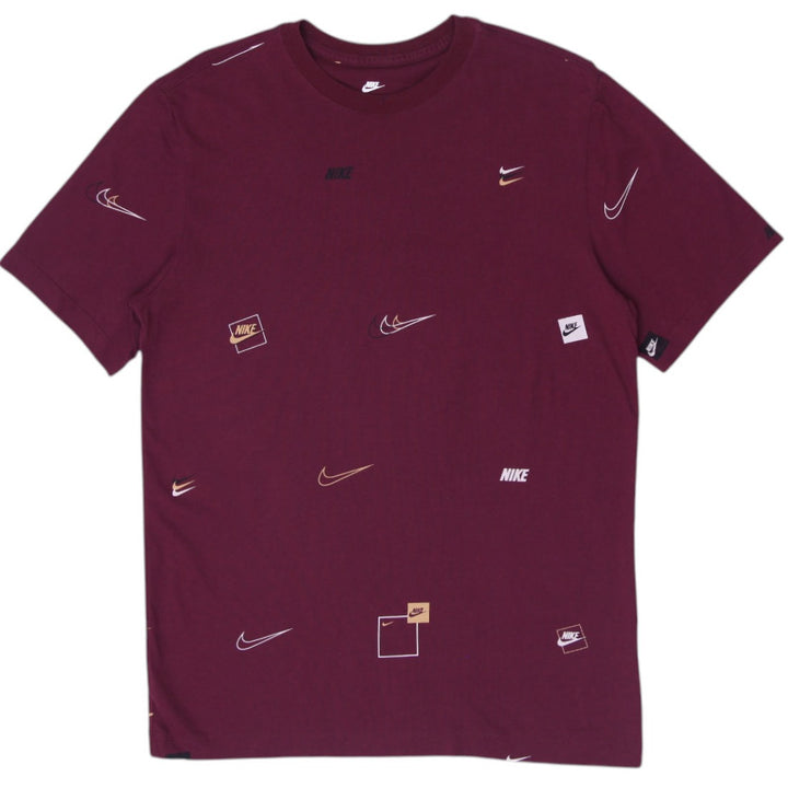 Mens Nike The Nike Tee All Over Print Multi Logo T-Shirt Maroon Burgundy Size M