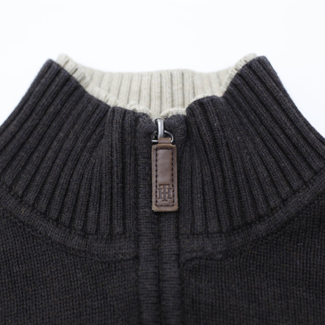 Mens Tommy Hilfiger Sweater Dark Brown 1/4 Zip Logo Knitwear