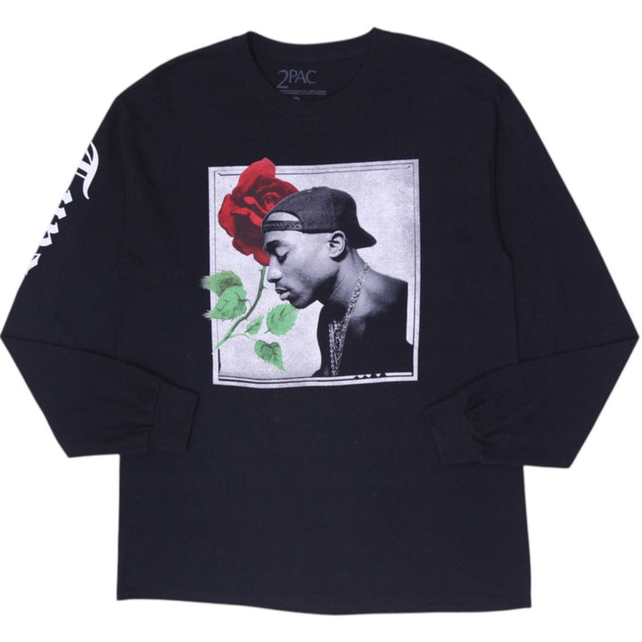 Mens 2Pac Shakur Rose Photo Graphic Long Sleeve T-Shirt Black Large