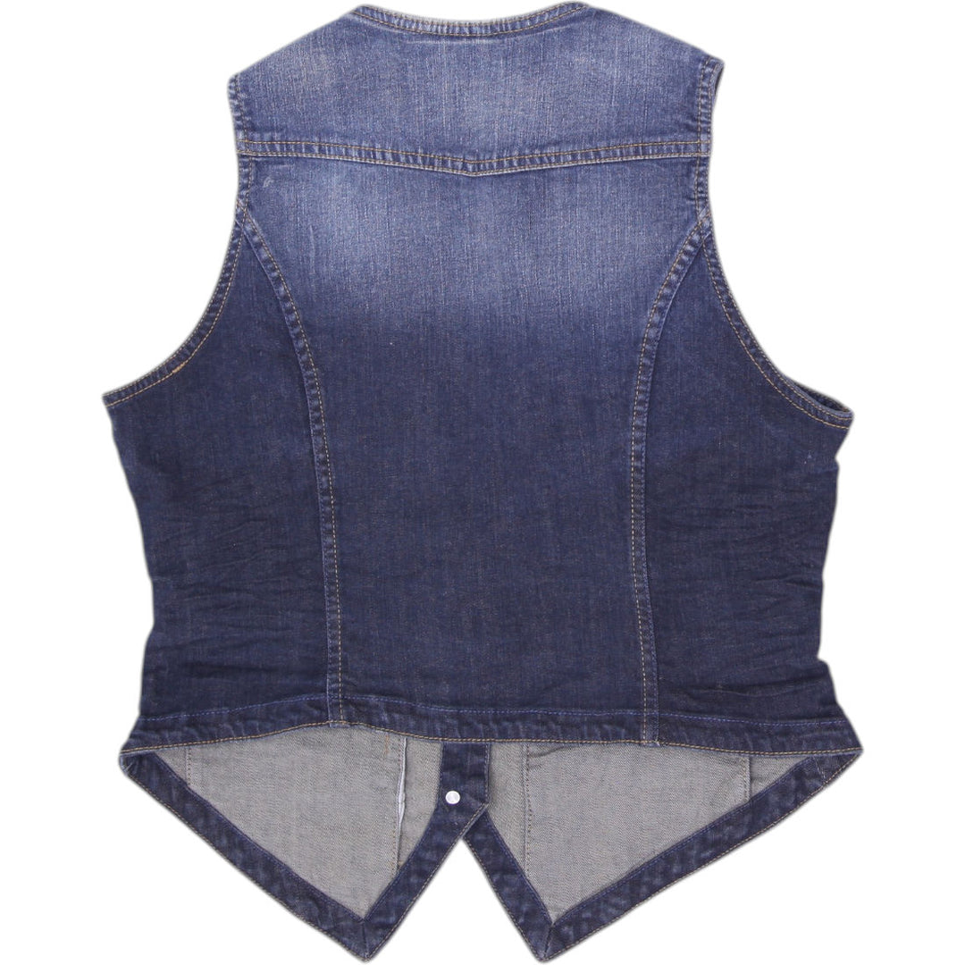 Y2K Ladies Blue Motion Denim Vest Waistcoat Medium Dark Wash Floral Inner Trim