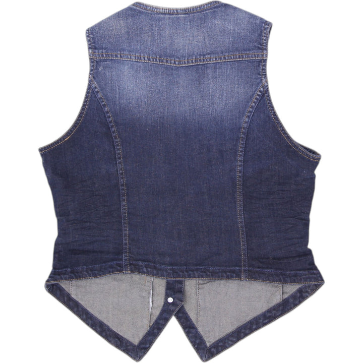 Y2K Ladies Blue Motion Denim Vest Waistcoat Medium Dark Wash Floral Inner Trim