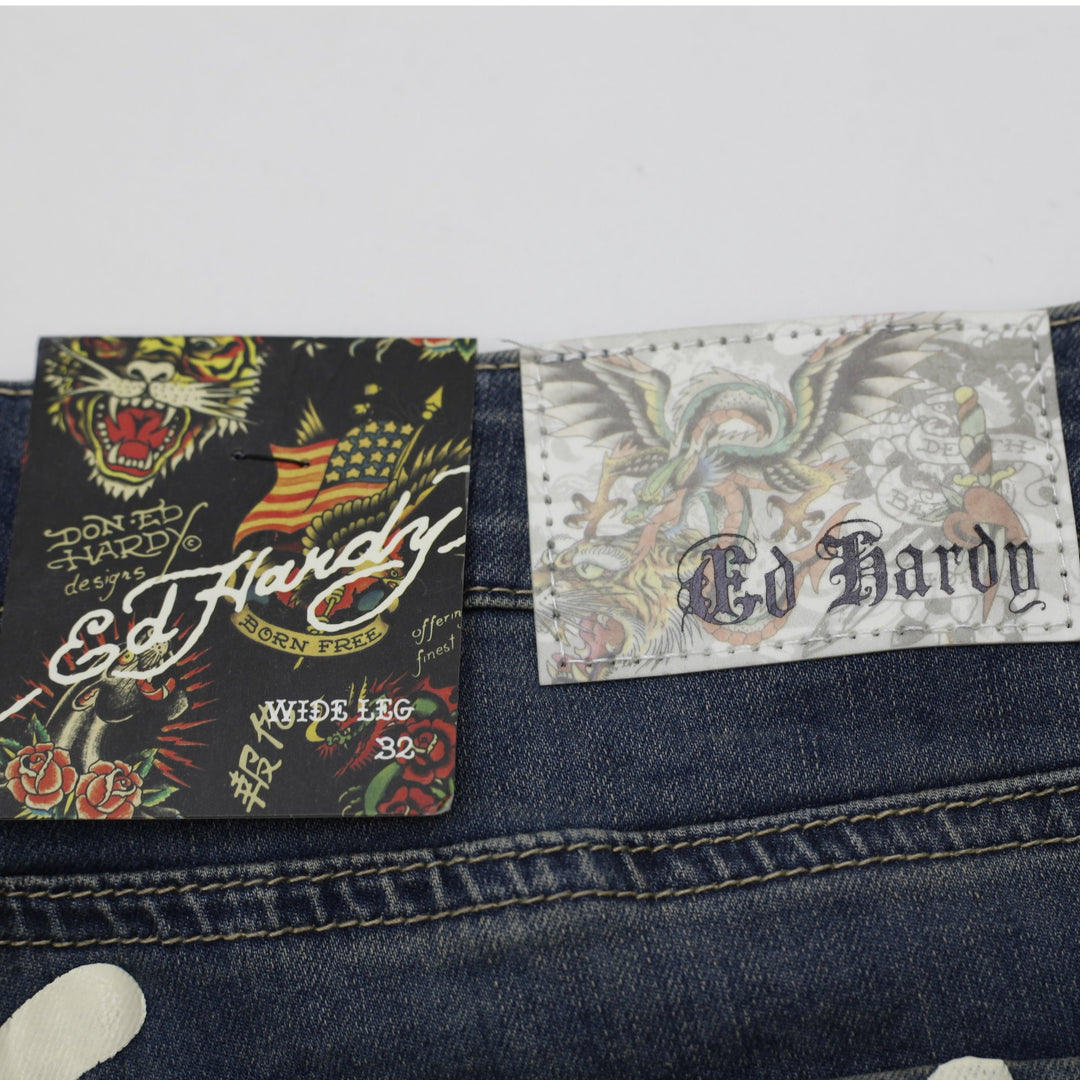 Y2K Mens Ed Hardy Embroidered Wide-Leg Jeans "Brave Hearts Stay True" Size 32