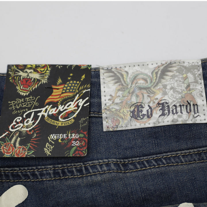 Y2K Mens Ed Hardy Embroidered Wide-Leg Jeans "Brave Hearts Stay True" Size 32