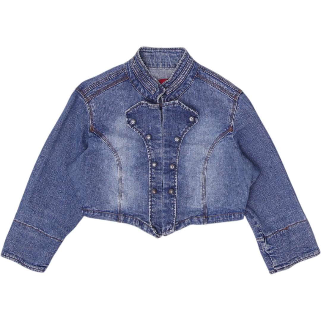 Y2K Ladies Cropped Vintage Blue Denim Trucker Jacket Size L | Migration_Jackets | Fashion Rerun