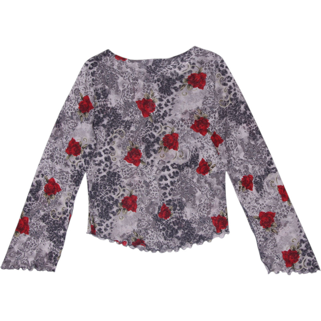 Y2K Ladies Request Tie-Front Long-Sleeve Mesh Blouse Bell-Sleeve Top