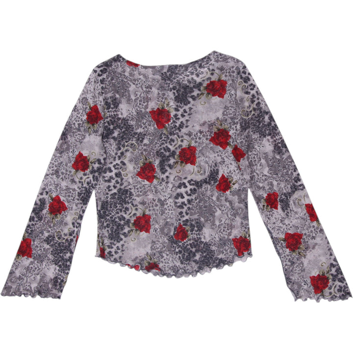 Y2K Ladies Request Tie-Front Long-Sleeve Mesh Blouse Bell-Sleeve Top