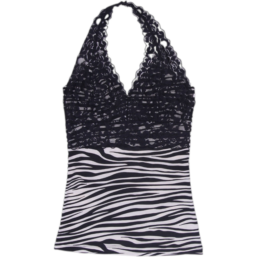 Y2K Ladies Lipstick Halter Top Black White Zebra Lace