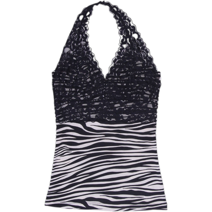 Y2K Ladies Lipstick Halter Top Black White Zebra Lace