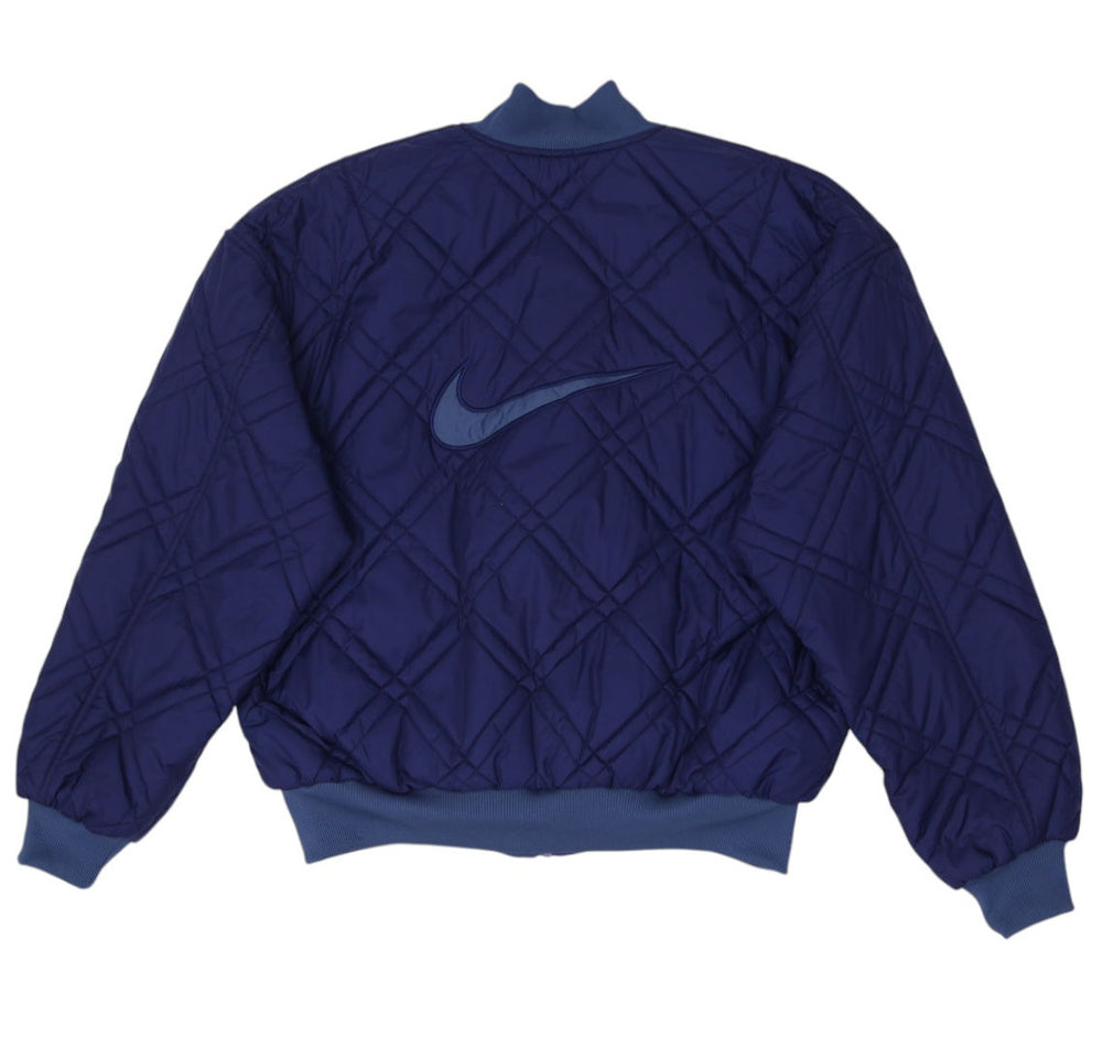 Vintage Nike Puffer Navy Quilted Full Zip Reversible Swoosh Jacket Size M | Migration_Jackets - Side View | Fashion Rerun