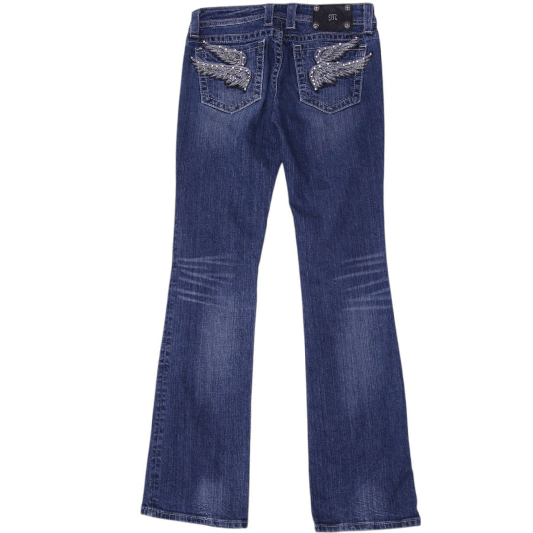 Y2K Ladies Miss Me Bootcut Jeans Blue Embroidered Denim | Migration_Jeans & Pants - Side View | Fashion Rerun