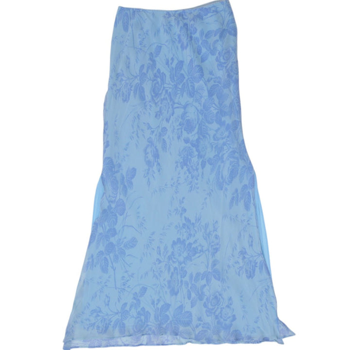 Y2K Ladies Express Silk Floral Maxi Skirt Blue Chiffon Slit Size XS