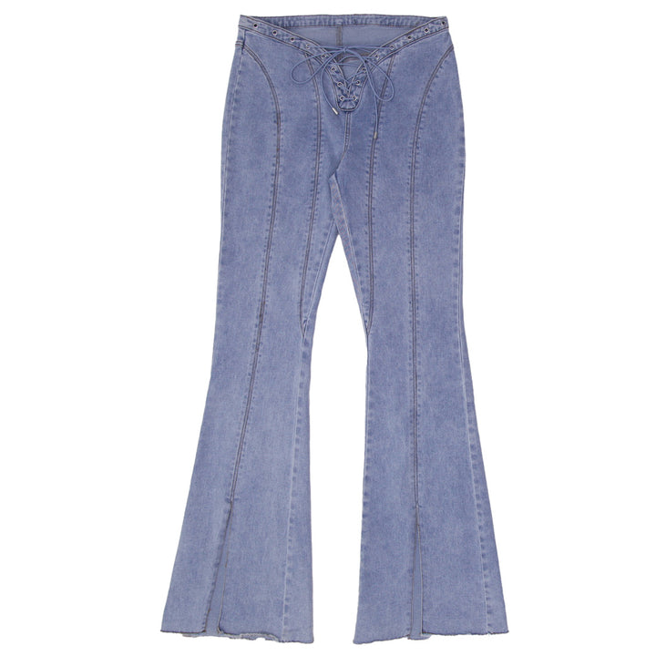 Y2K Ladies Lace Up Slit Front Hem Flare Jeans