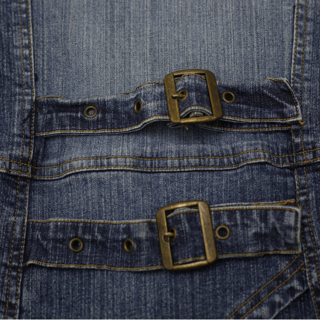 Y2K Ladies Village Jeans Pointed Hem Buckle Back Denim Jacket Size L