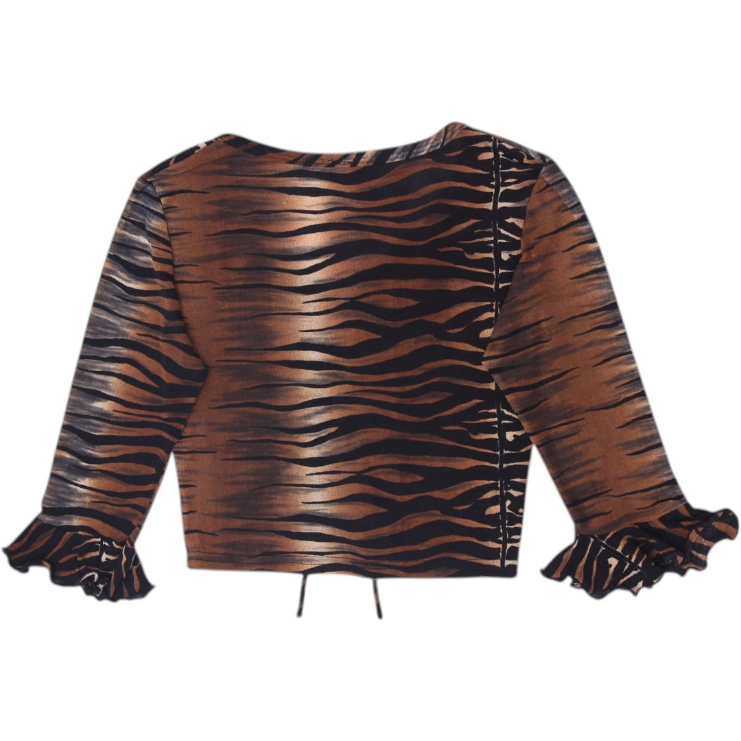 Y2K Ladies Yahoo Tiger Striped Animal Print V-Neck Bell Sleeve Ruffle Crop Top