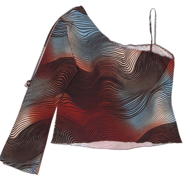 Y2K Ladies RAG One Shoulder Top Optical Wave Print Top Made in USA XL