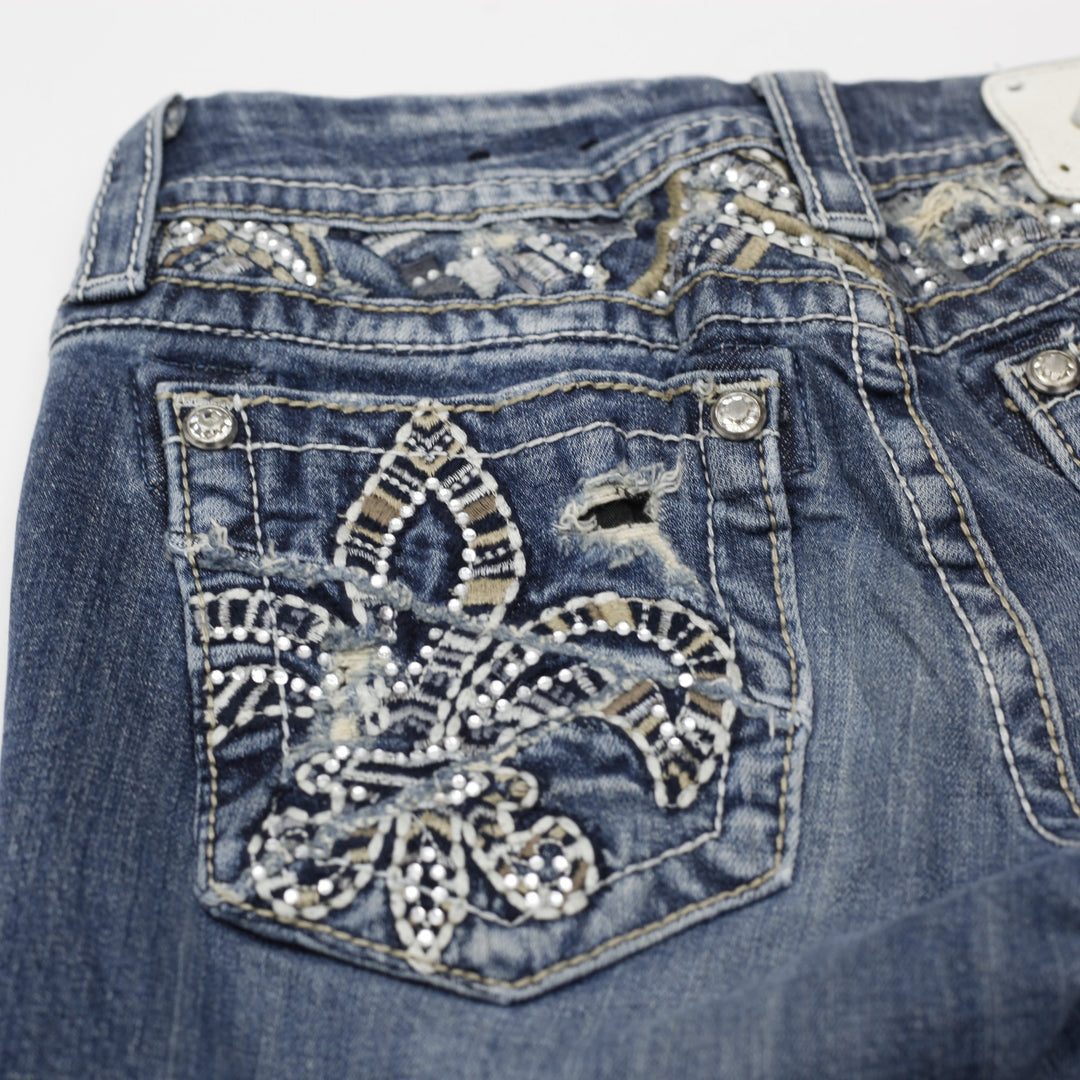 Y2K Ladies Miss Me Jeans Medium Blue Slim Boot Embellished Denim Size 27
