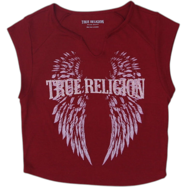 Y2K Ladies True Religion Crop Top Red Graphic Logo Size S