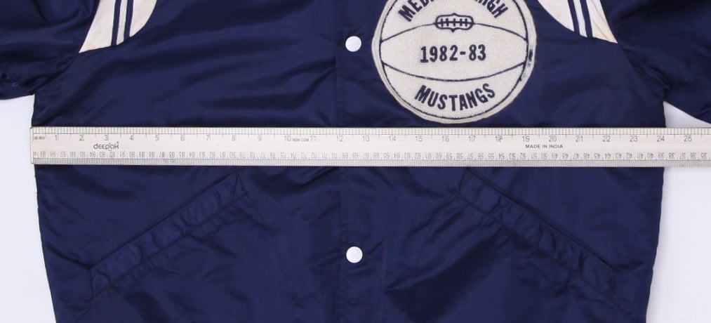 Vintage Medford High Mustangs Varsity Jacket Navy Embroidered Striped 1982-83 Size 42 | Migration_Jackets - V | Fashion Rerun