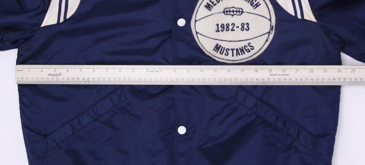 Vintage Medford High Mustangs Varsity Jacket Navy Embroidered Striped 1982-83 Size 42 | Migration_Jackets - V | Fashion Rerun