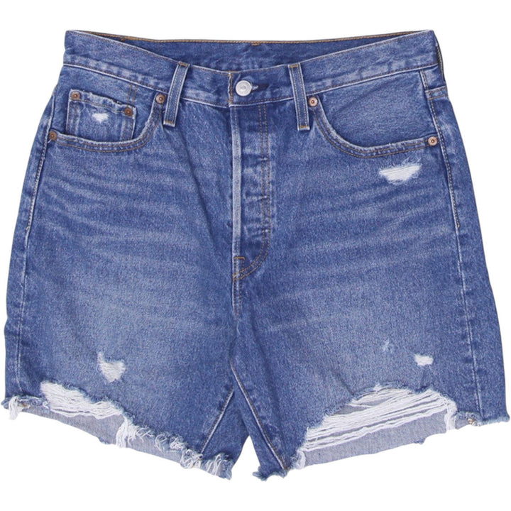 Ladies Levis 501 Denim Shorts Washed Blue Button Fly High Waisted