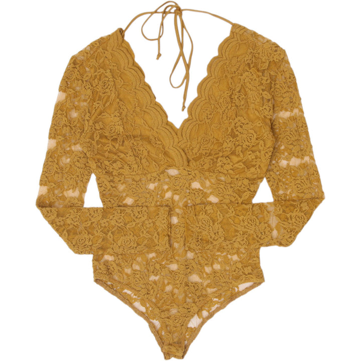 Y2K Ladies Sheer Floral Lace V-Neck Bodysuit Size M