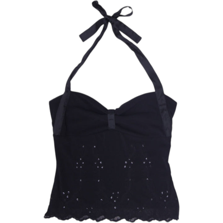 Y2K Ladies Apostrophe Halter Top Black Embroidered Bow