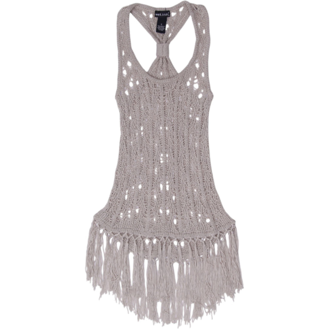 Y2K Ladies Wet Seal Crochet Knit Fringe Tank Top Beige Size Small