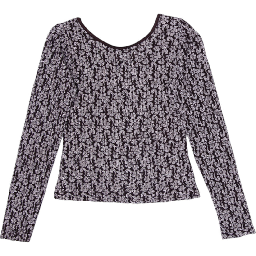 Y2K Ladies Knit Works Brown & Cream Floral Jacquard Scoop Neck Top Long Sleeve