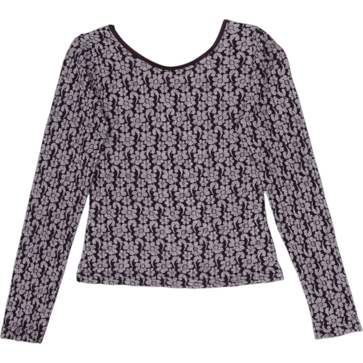 Y2K Ladies Knit Works Brown & Cream Floral Jacquard Scoop Neck Top Long Sleeve