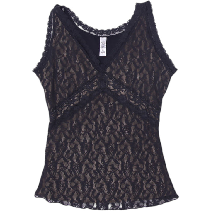 Y2K Ladies Fleece Blouse Black Lace Sleeveless Size L
