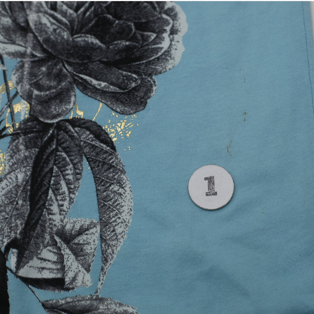 Y2K Mens Graphic T-Shirt All Over Print Angel Skull Roses Foil Cyan Black Size L