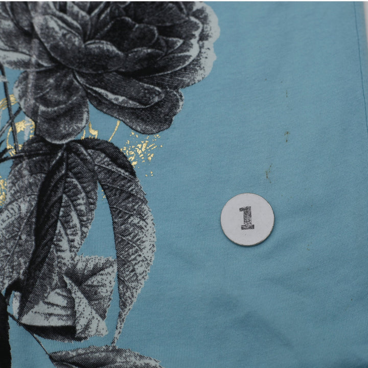 Y2K Mens Graphic T-Shirt All Over Print Angel Skull Roses Foil Cyan Black Size L