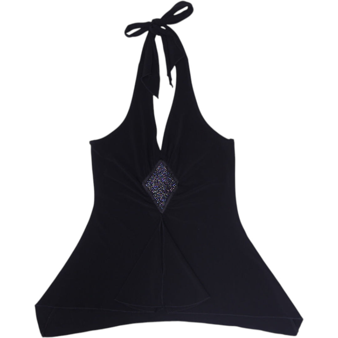 Y2K Ladies Black Halter Top Sparkle Detailing Size M
