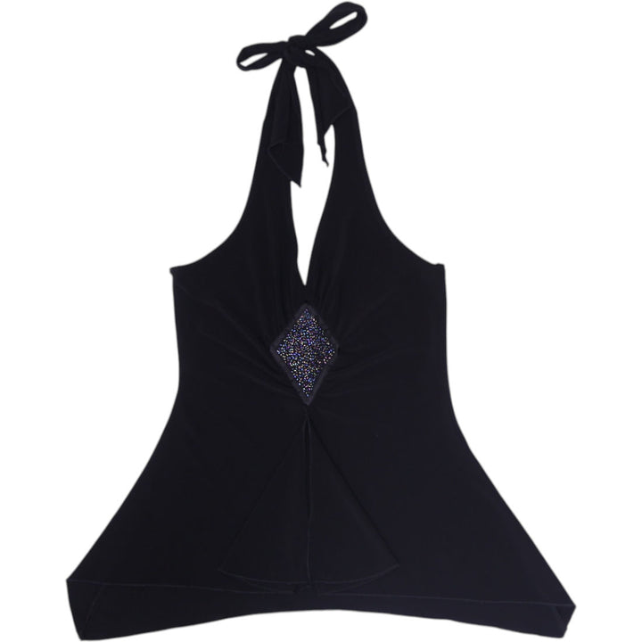 Y2K Ladies Black Halter Top Sparkle Detailing Size M