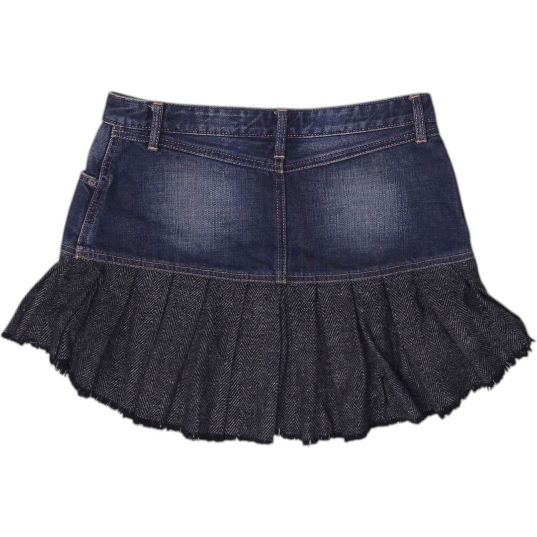 Y2K Ladies Blue Ruffled Hem Mini Style Denim Skirt Size 26 | Migration_Skirts - Side View | Fashion Rerun