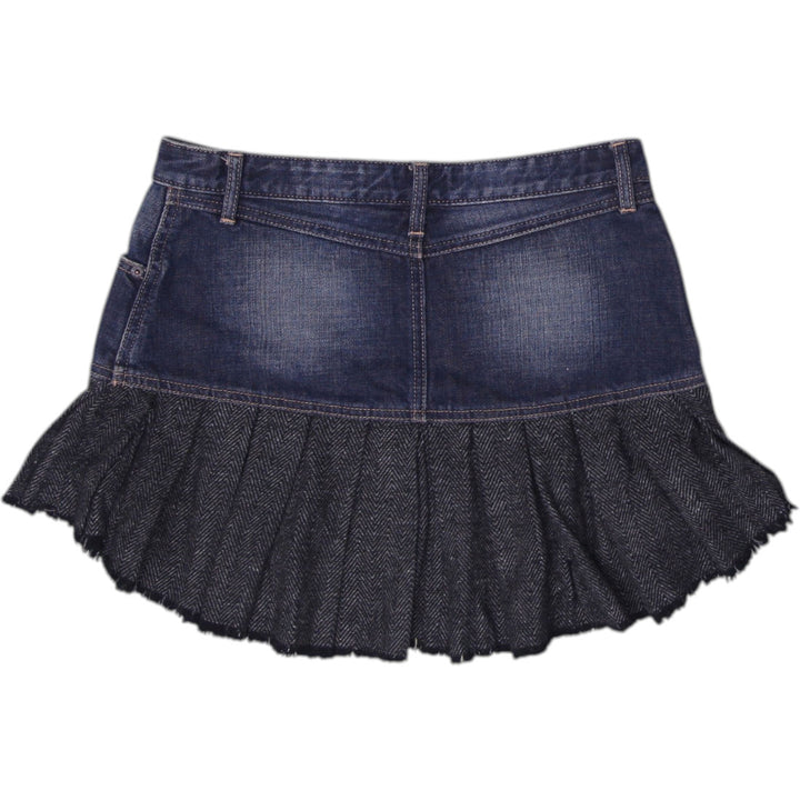 Y2K Ladies Blue Ruffled Hem Mini Style Denim Skirt Size 26 | Migration_Skirts - Side View | Fashion Rerun