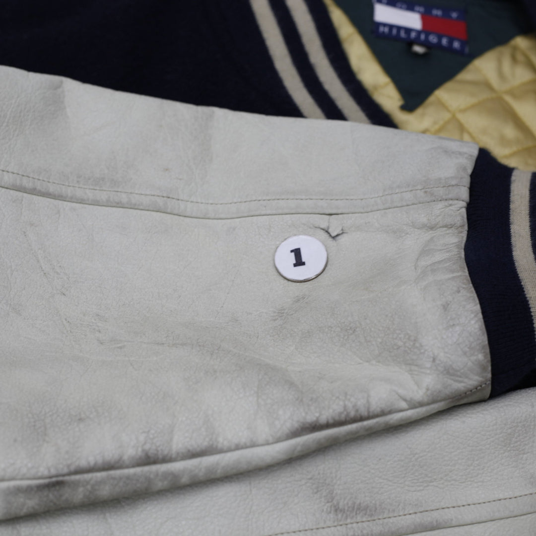 Vintage Tommy Hilfiger Varsity Jacket Navy Leather Sleeves Logo 88 XL | Migration_Jackets - Detail View | Fashion Rerun