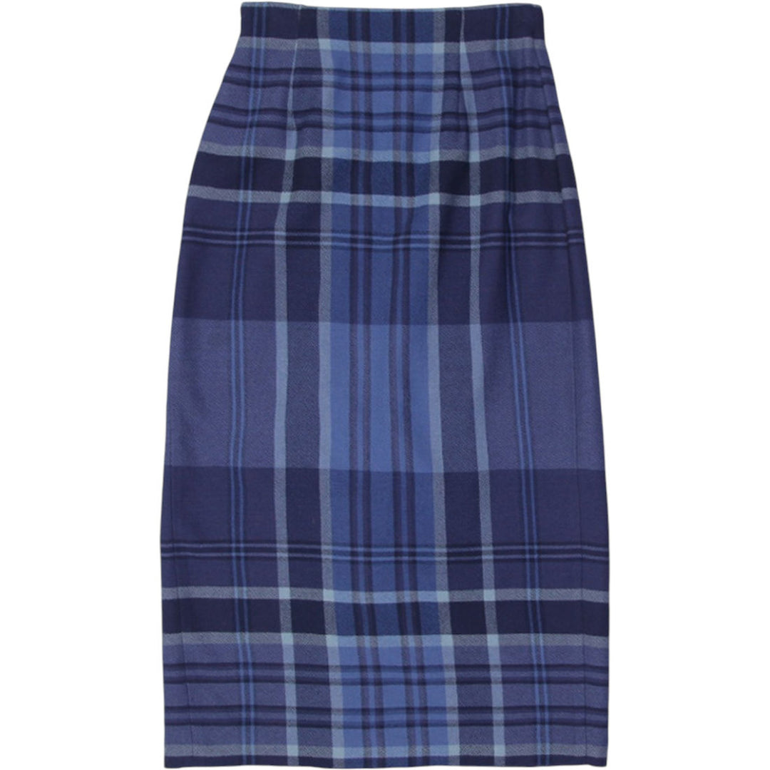 Vintage Womens Ralph Lauren Skirt Navy Plaid Wool Midi Fringe