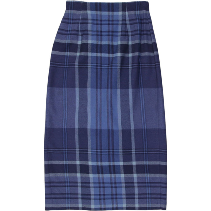 Vintage Womens Ralph Lauren Skirt Navy Plaid Wool Midi Fringe