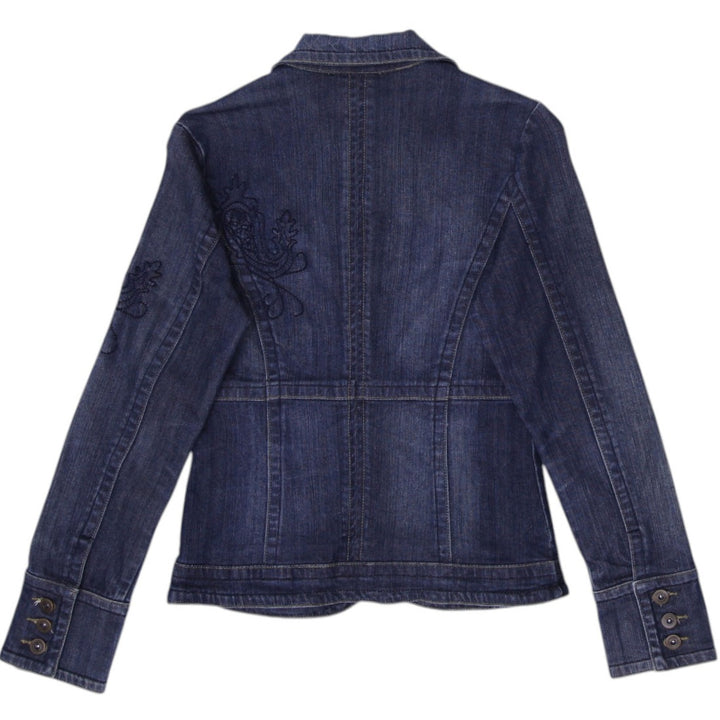 Y2K Ladies Blue Embroidered Buttons Fitted Denim Jacket Size S | Migration_Jackets - Side View | Fashion Rerun