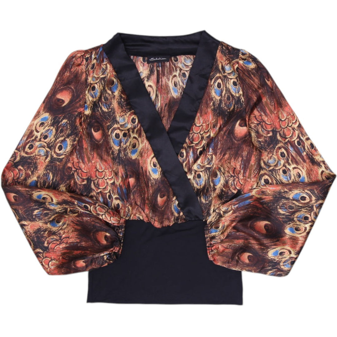 Y2K Ladies Seductions Peacock Feather Print Satin Wrap Long Sleeve Top