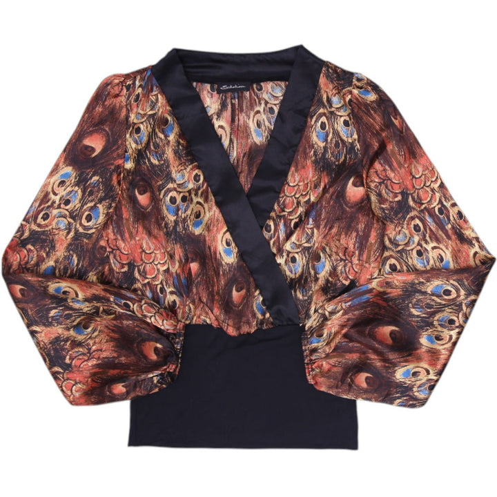 Y2K Ladies Seductions Peacock Feather Print Satin Wrap Long Sleeve Top
