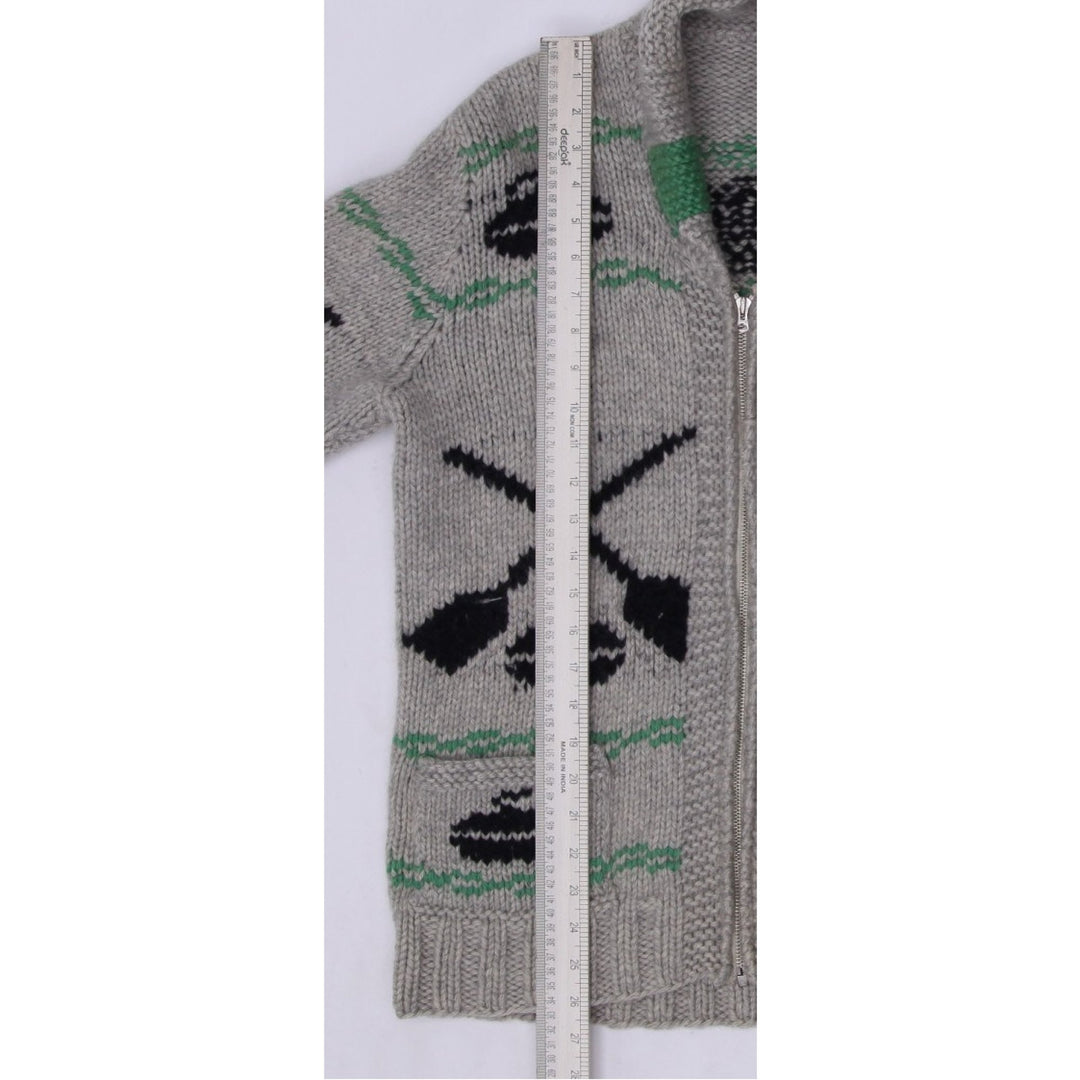 Vintage Hand-Knitted Cowichan-Style Wool Zip Up Cardigan Sweater