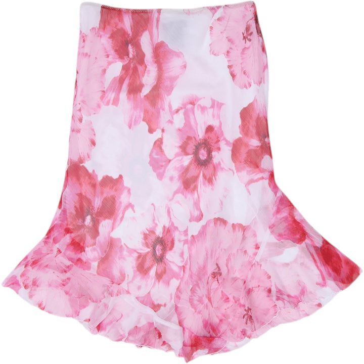 Y2K Ladies Weathervane Pink Floral Ruffle Hem Midi Skirt Size M